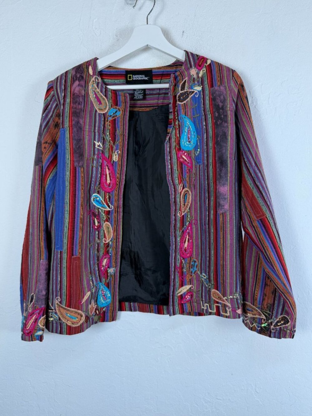 National Geographic 100% Silk Striped Beaded Paisley Embroidered Jacket Medium